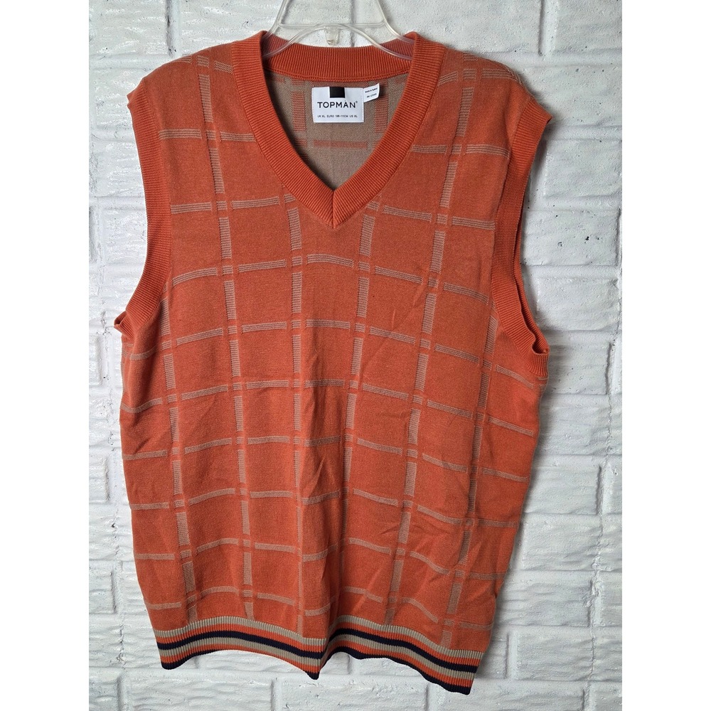 TOPMAN Men's size XL sweater vest Orange Tan Cotton V neck